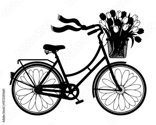 bicycle with basket of flowers and daisy wheels vector