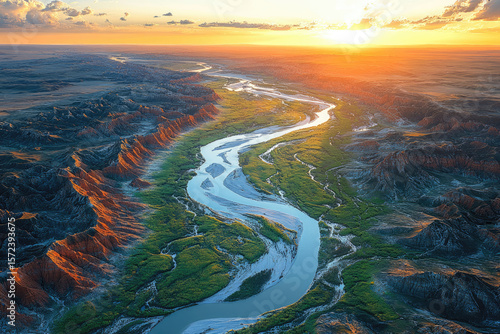 The Yellow River Winding Through Sunset-Lit Canyons