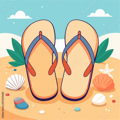 A vibrant cartoon illustration depicts a pair of flip-flops on a sandy beach with seashells, starfish, and greenery under a blue sky with fluffy clouds, evoking summer vibes.