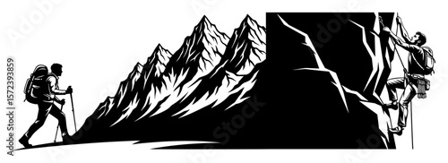 mountain climbing and hiking adventure silhouette vector