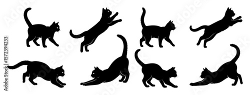 cat silhouette set walking stretching and jumping poses vector
