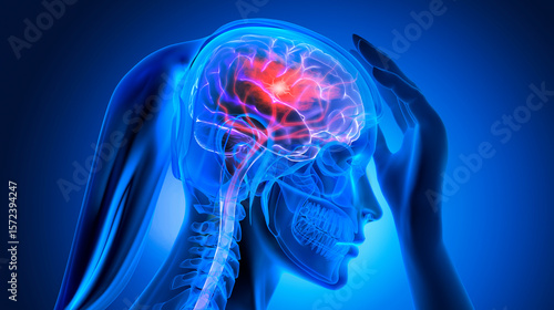 Fotografía Woman with a strong headache - Brain Stroke - Medical X Ray 3D Illustration with
