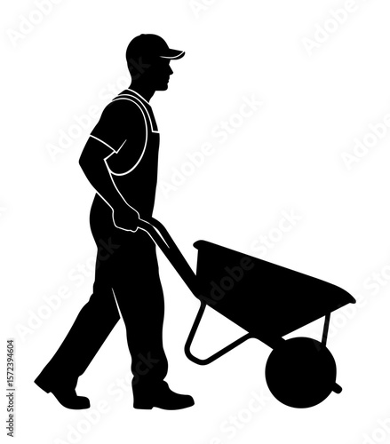 worker pushing wheelbarrow silhouette illustration