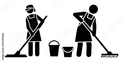 janitor cleaning floor with mop silhouette illustration