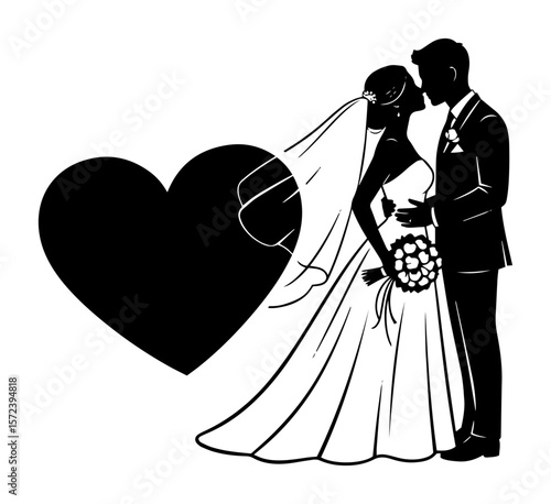 wedding couple silhouette bride and groom with heart vector