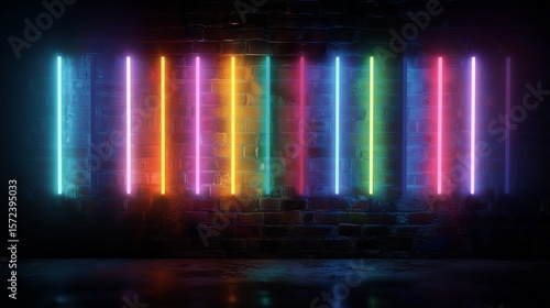 Wallpaper Mural **Vibrant multicolor neon vertical bars reflected on an uneven brick wall, giving a futuristic glow effect Torontodigital.ca