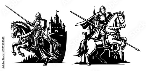 medieval knight on horseback with lance and castle