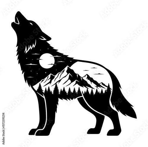 howling wolf silhouette with mountains and moon double exposure