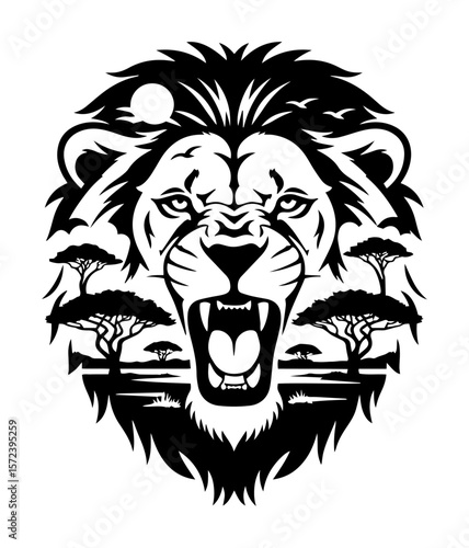 roaring lion head with african savanna in mane double exposure