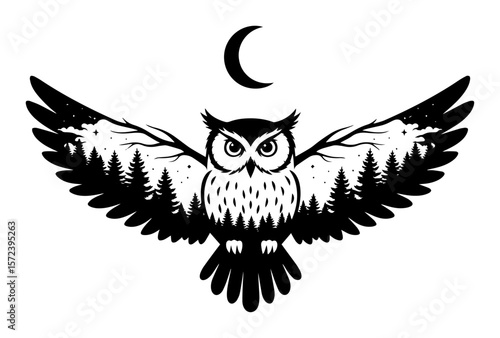 flying owl with night forest in wings and moon double exposure