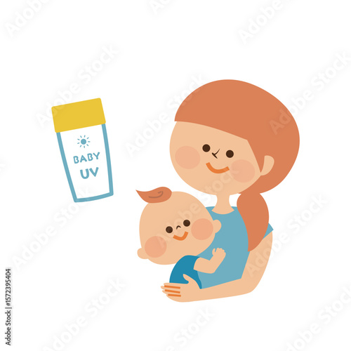 紫外線対策　赤ちゃんとお母さん　イラスト素材