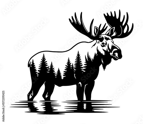 moose silhouette with forest landscape double exposure vector logo