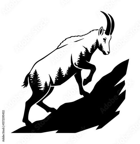 mountain goat ibex with forest silhouette double exposure vector
