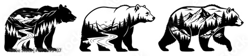 bear silhouette with forest landscape double exposure vector set