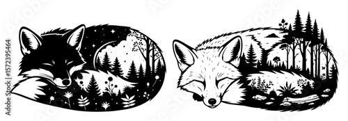 sleeping fox with forest landscape double exposure vector set