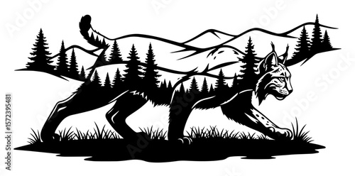 lynx silhouette with forest and mountain landscape vector art