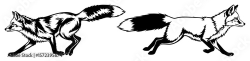 running fox silhouette and line art set vector