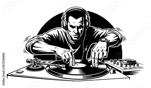 dj scratching on turntable music logo vector