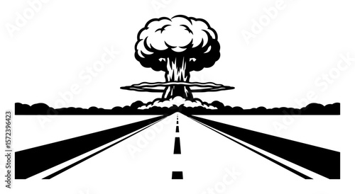 nuclear explosion at the end of a road apocalypse vector scene