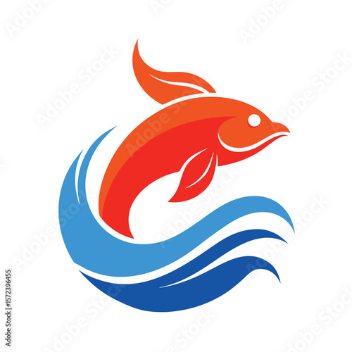 Stylized orange fish leaping through blue waves in a dynamic logo design