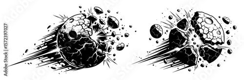 exploding planet breaking apart asteroid impact vector set