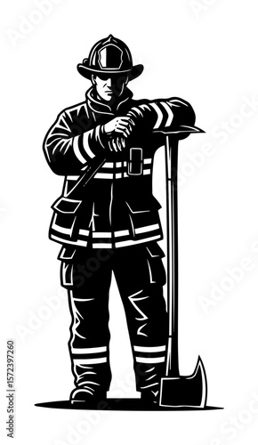 firefighter with axe hero rescuer black and white vector illustration