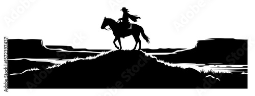 Cowboy on Horseback Silhouette – Western Desert Landscape Vector Banner