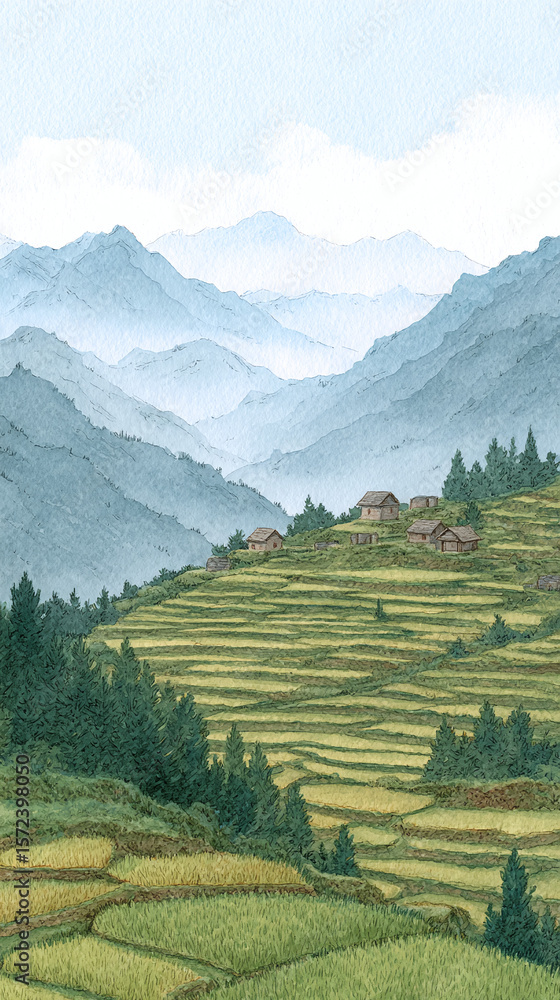 Fototapeta premium A Beautiful Watercolor Landscape of Terraced Fields and Majestic Mountains Under a Clear Sky