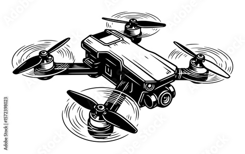 flying quadcopter drone with camera vintage vector illustration