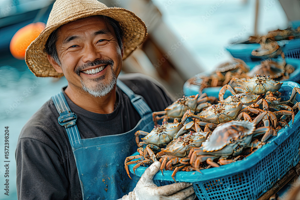 Fototapeta premium Fisherman Wearing Straw Hat and Gloves on Blue Boat