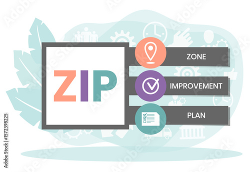 ZIP - Zone Improvement Plan the acronym to indicate that mail travels more quickly when senders mark the postal code on their packages and envelopes, text concept background