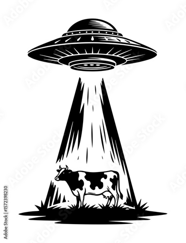 ufo abducting cow monochrome vector illustration