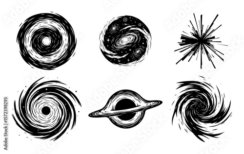 spiral galaxy black hole icon set monochrome vector illustration