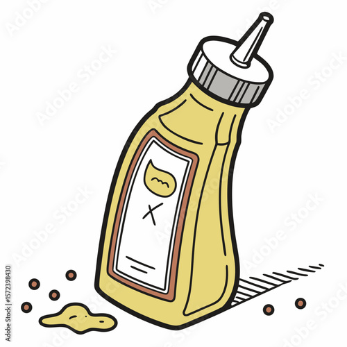 Yellow mustard bottle with spilled condiment food