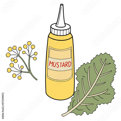 Yellow mustard bottle with leaves and seeds condiment