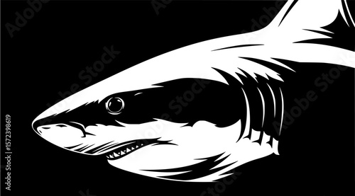 A stylized, monochrome portrait of a great white shark's head, powerfully rendered in stark black and white.