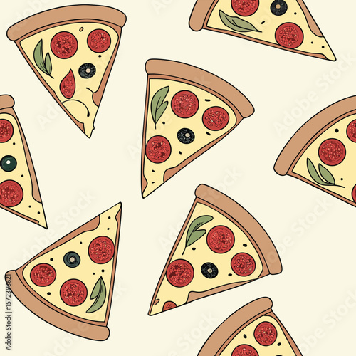 Seamless pattern of hand-drawn pepperoni pizza slices with basil leaves and olives on a light background – fun food-themed vector design for packaging, textiles