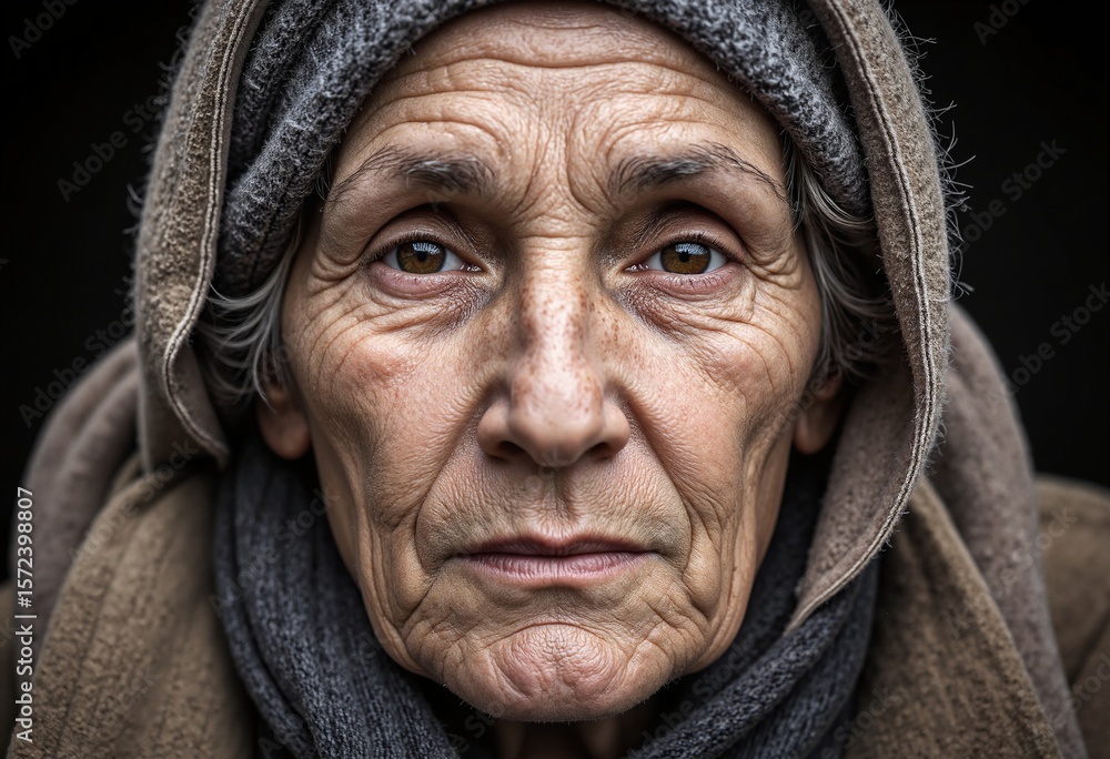 Close up of a homeless senior woman wearing old, worn out clothing, conveying a sense of vulnerability and hardship Close up of a homeless senior woman wearing old, worn out clothing, conveying a sense of vulnerability and hardship