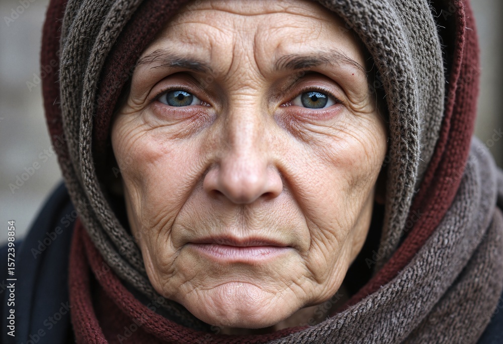 Close up of a homeless senior woman wearing old, worn out clothing, conveying a sense of vulnerability and hardship Close up of a homeless senior woman wearing old, worn out clothing, conveying a sense of vulnerability and hardship