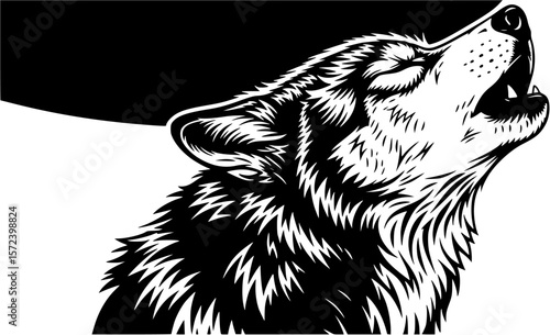 A majestic wolf's head, rendered in stark black and white, howls at the moon, its fur meticulously detailed.