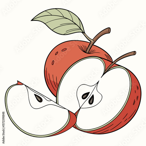 Red apple slices and whole apple fruit green