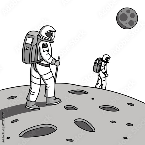 Astronauts exploring lunar surface with moon overhead