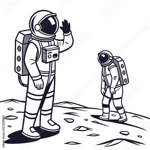 Astronauts waving on lunar surface space suit helmet