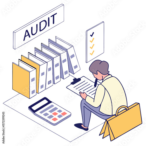 Person reviewing documents with audit binders and calculator