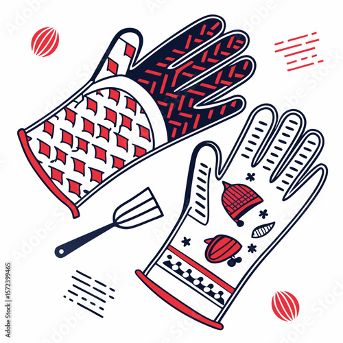 Red blue oven mitts and spatula barbecue gloves kitchenware