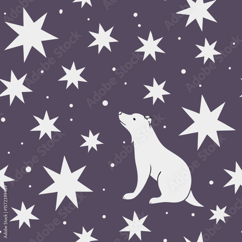 White polar wolf sitting among stars on purple seamless vector pattern  