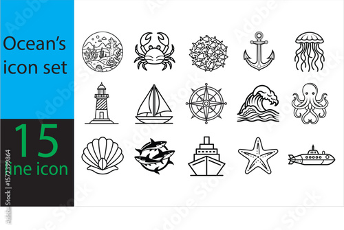 Collection of marine life and nautical symbols isolated on white background