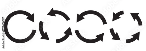Set of circle arrows rotating on white background. Refresh, reload, recycle, loop rotation sign collection. Black circle arrows for infographics, web design. Vector illustration, flat style, clip art.