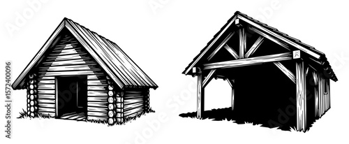 log cabin and wooden barn monochrome vector illustration