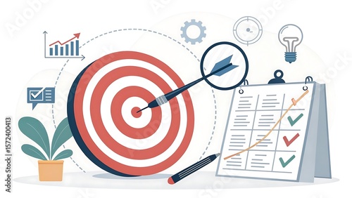 An arrow hits the bullseye of a target, representing business success, strategic planning, and achievement with charts and checklists